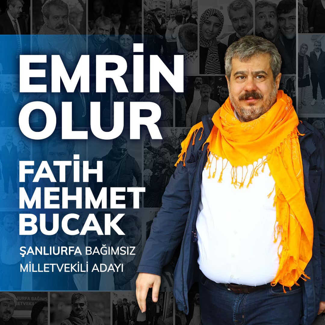 Bir 3 kişi ve şunu diyen bir yazı 'EMRİN OLUR FATİH MEHMET BUCAK ŞANLIURFA BAĞIMSIZ MİLLETVEKİLİ ADAYI' görseli olabilir